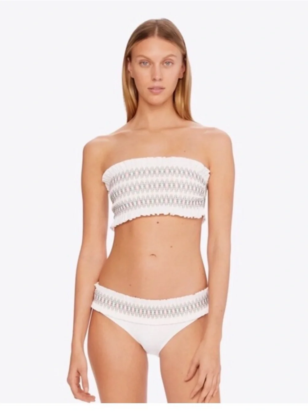 Tory Burch White Smocked Bandeau Bikini with Multicolor Stitching